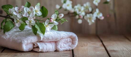 Blossoming apple tree branch with soft towels on rustic wooden surface creating a serene vintage decor atmosphere for wellness and relaxation