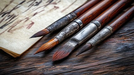 Obraz premium Elegant calligraphy brushes resting on a vintage wooden table with parchment showcasing art and creativity in a modern study setting