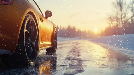 Car navigating a snowy icy road at sunset in winter showcasing dynamic driving conditions and seasonal beauty.