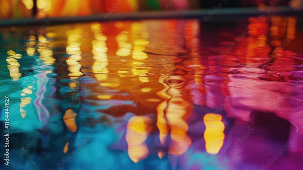 Poster vibrant bokeh reflections on water surface creating a colorful abstract background for creative desi