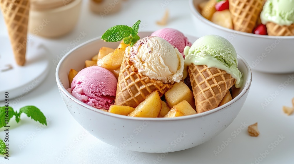 Poster homemade apple pie served with colorful ice cream cones in a bright and inviting setting on a light 