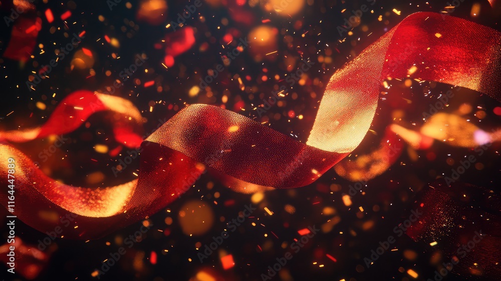 Poster glowing red and gold abstract patterns resembling firecrackers and festive ribbons on a dark backdro
