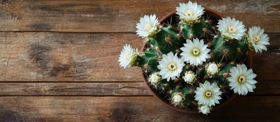 Cactus in full bloom with vibrant white flowers on rustic wooden backdrop ideal for vintage home decor and botanical design inspiration