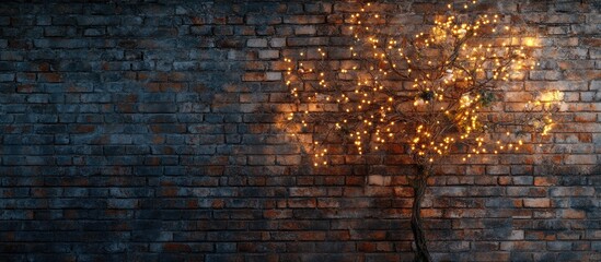 Glowing tree lights illuminate rustic brick wall creating a warm festive atmosphere ideal for holiday celebrations and events