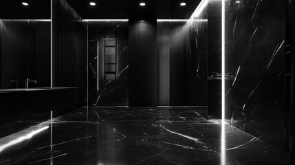 Luxurious Black Bathroom Interior Featuring Sleek Marble Tile and Modern Lighting Design for Elegant Home Decor Inspiration