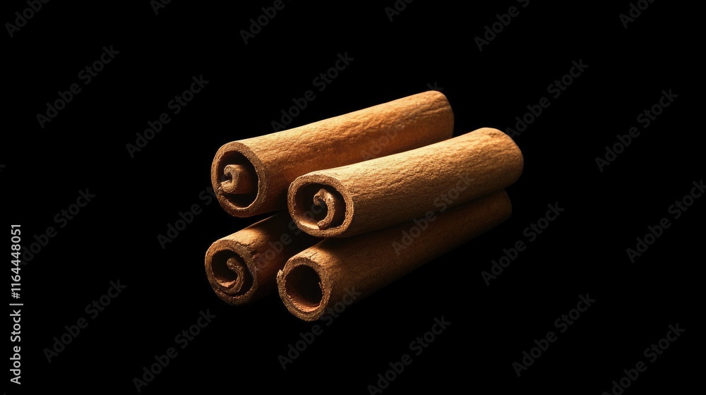 Poster cinnamon sticks arranged on a reflective surface displaying rich textures and colors against a dark 