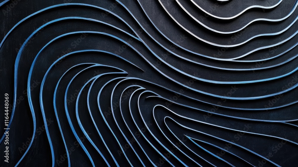 Poster abstract waves of blue and black curved lines creating depth and dimension in a modern design elemen