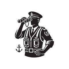 Coast guard with binoculars silhouette vector illustration clipart black color design and solid white background 