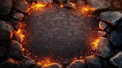 Campfire background with glowing stones and free space for product or text placement in a dark rustic setting