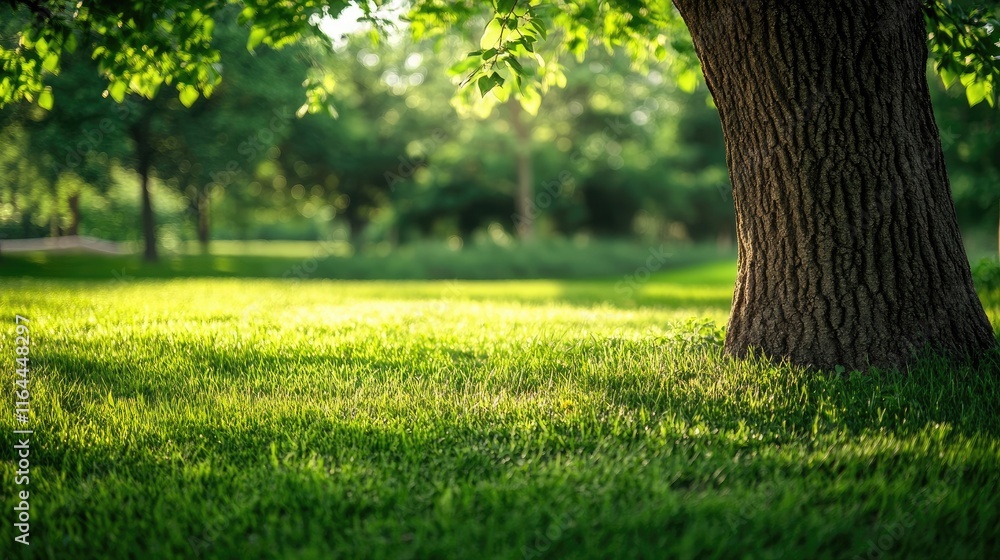 Poster serene bokeh backdrop featuring lush green grass and a textured tree trunk in soft sunlight through 