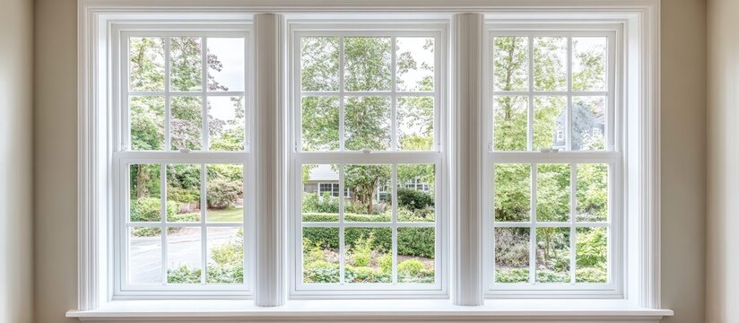 Fototapeta Modern bright white window featuring elegant design elements for enhancing interior decor and maximizing natural light in living spaces.