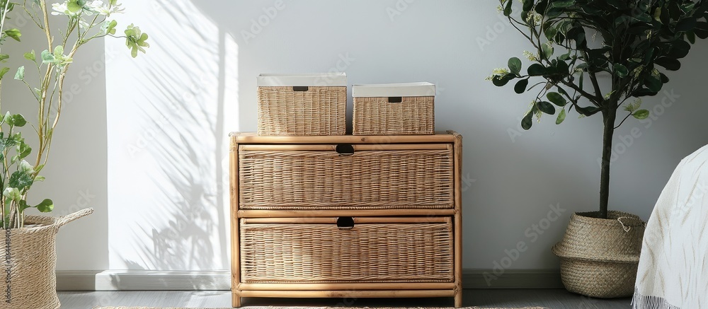 Poster boho style rattan storage unit with three wicker boxes perfect for home organization and modern deco