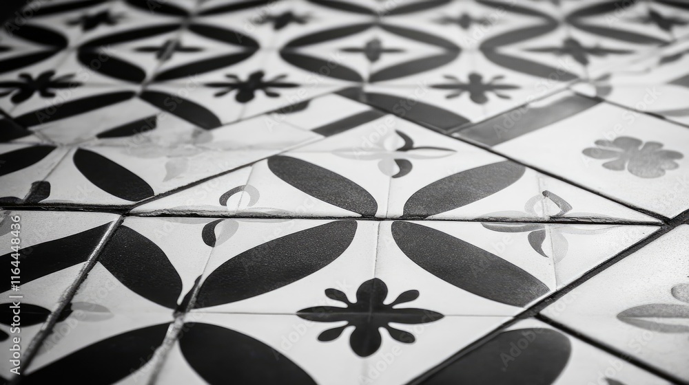 Aufkleber black and white patterned floor tiles in a close up view showcasing intricate designs and textures f
