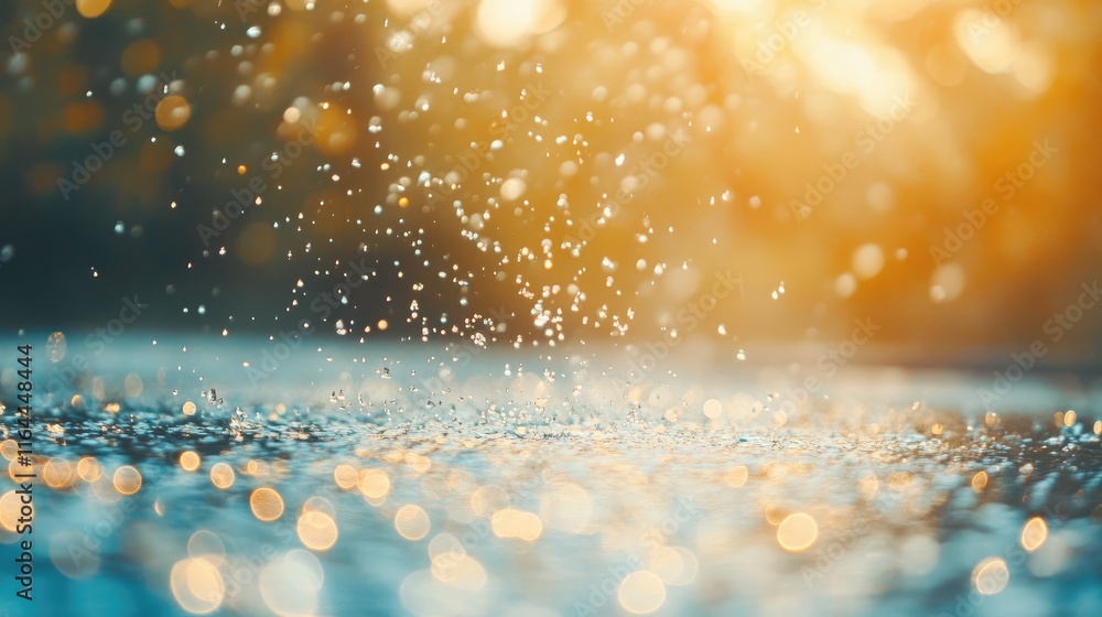 Poster bokeh blur background with sparkling raindrops reflecting warm sunlight creating an ethereal and dre