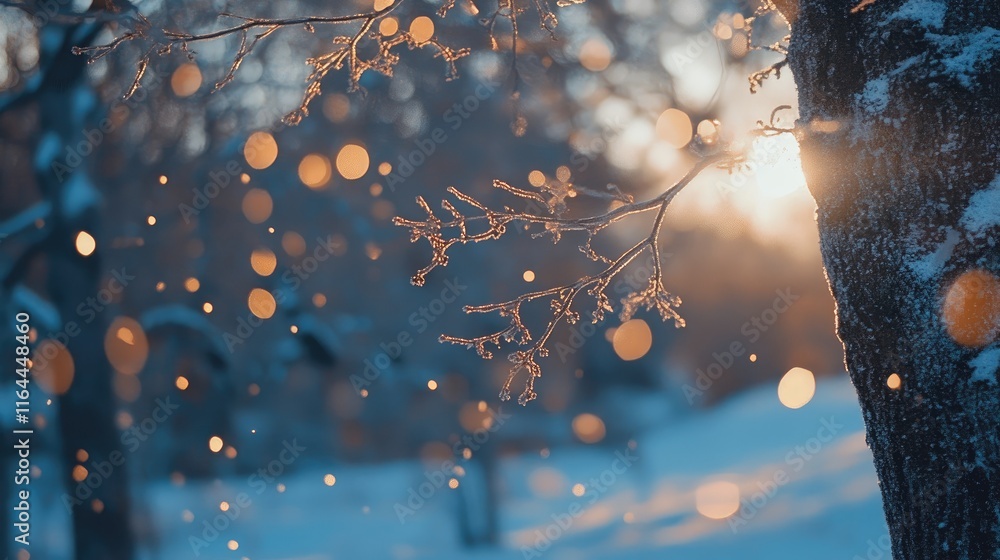Poster winter evening landscape with snow-covered trees and warm sunlight creating a bokeh effect in a sere