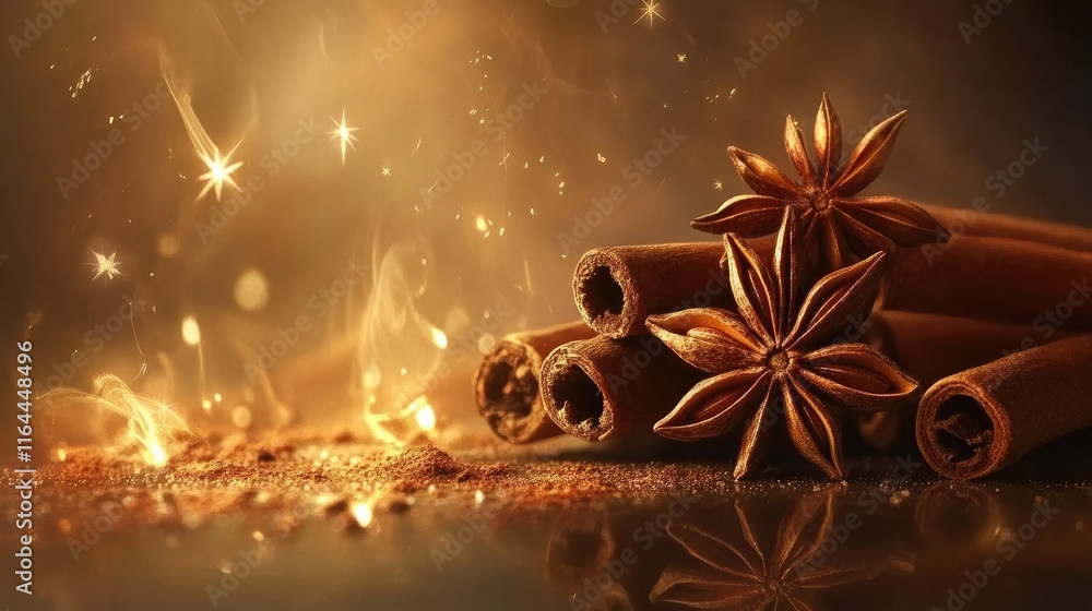 Poster cinnamon sticks with anise stars subtly illuminated against a warm background creating a cozy and in
