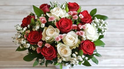 Bouquet of red and white roses with assorted flowers arranged on rustic white wooden background