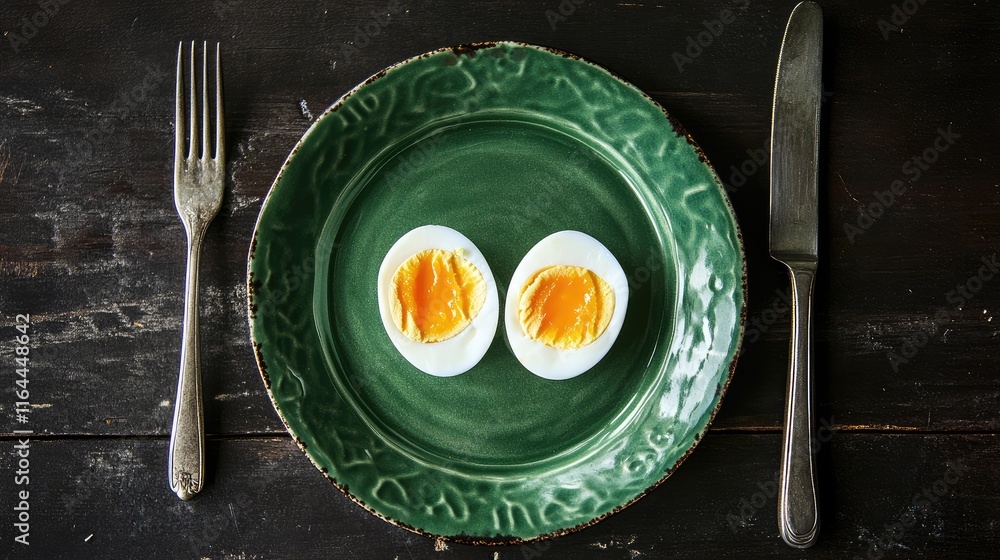 Poster boiled eggs halved on a green plate with fork and knife on a rustic wooden table setting
