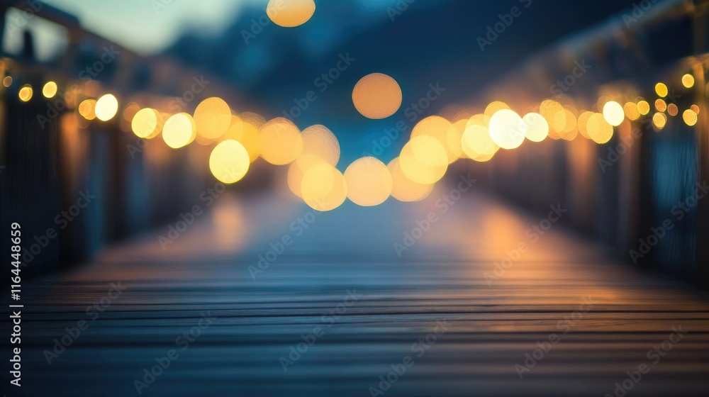 Poster bokeh lights on a wooden bridge creating a serene atmospheric backdrop for photography and design pr
