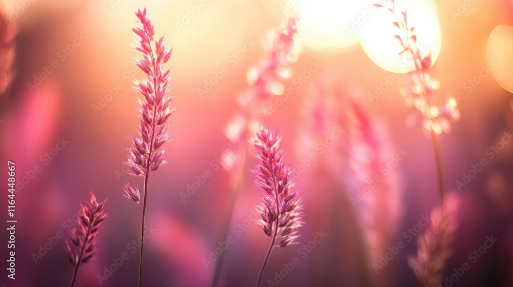 Poster dreamy bokeh background featuring soft pink grasses illuminated by warm sunlight creating a serene a