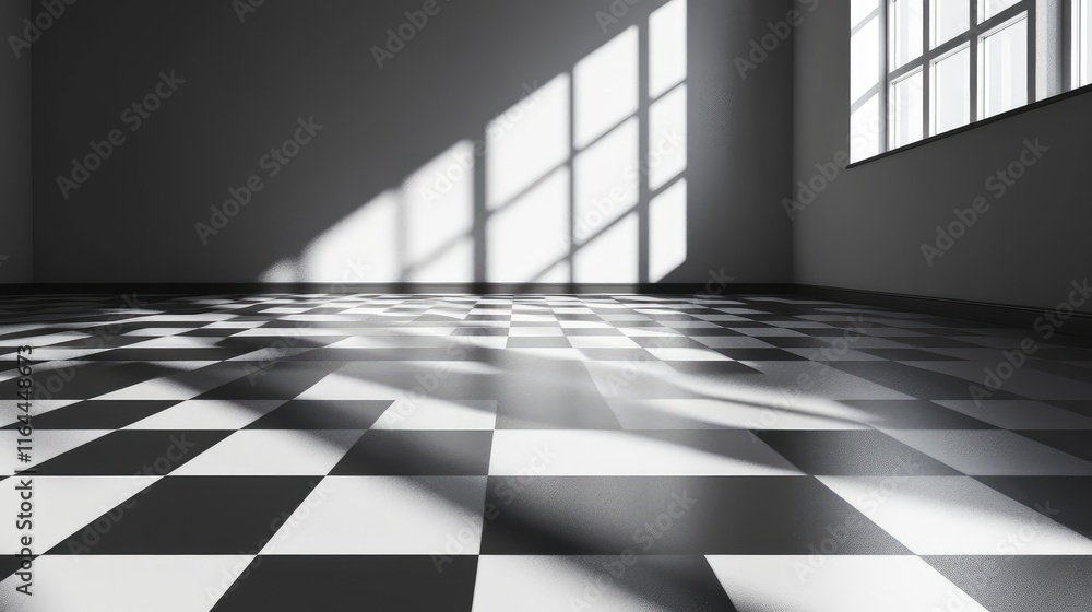 Poster vacant monochrome room with shadow patterns on checkered floor and sunlight streaming through window
