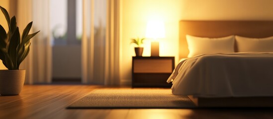 Cozy blurred bedroom with stylish bed and modern nightstand offering warm interior design inspiration for contemporary living spaces