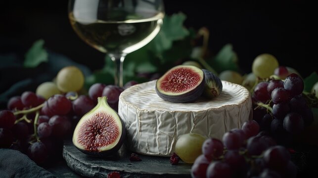 Camembert cheese ripe figs red grapes and white wine on slate with dark background showcasing gourmet food pairing concept