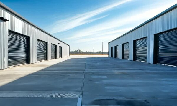 Large outdoor storage unit with black doors and empty parking lot