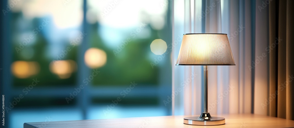 Poster sleek chrome table lamp illuminated in a modern interior with a softly blurred background creating a