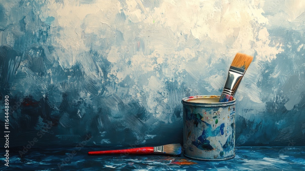 Poster paint can with paintbrush resting in it against a textured artistic background suitable for creative
