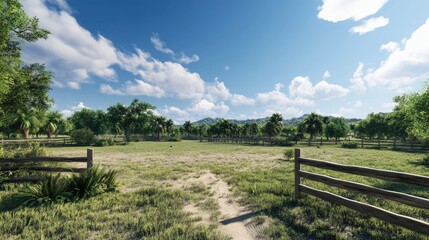 Vast serene farm landscape with lush greenery and wooden fence under a bright blue sky with scattered clouds