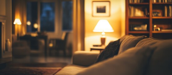 Cozy living room interior with warm lighting and soft furnishings creating an inviting atmosphere for relaxation and comfort
