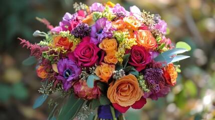 Vibrant Bohemian wedding bouquet featuring a mix of colorful flowers and greenery, perfect for romantic outdoor ceremonies.