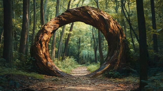 Circularly bent tree trunk forming a natural archway in a tranquil forest landscape with lush greenery and soft sunlight filtering through trees