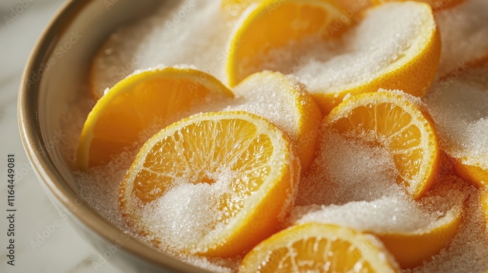 Poster citrus slices soaking in sugar for preservation and flavor enhancement in a rustic bowl on a marble 