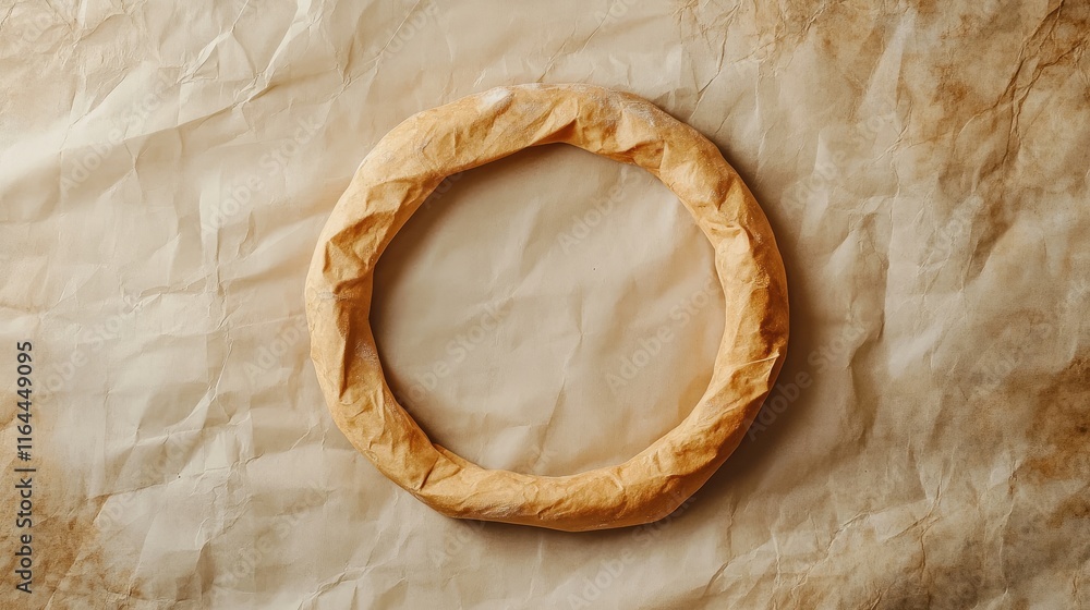 Poster rustic circular bread on crinkled paper background showcasing texture and warmth ideal for culinary 