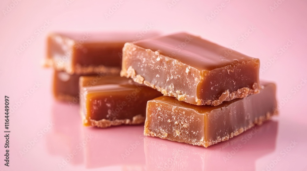 Poster caramel bars stacked on a soft pastel background showcasing glossy reflections and a delightful text