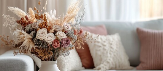 Dried flower bouquet in a cozy living room creating an elegant and inviting home decor atmosphere with soft pillows and natural light