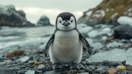 Naklejka premium A cute penguin chick stands on a rocky shore near the ocean, surrounded by ice and stones.