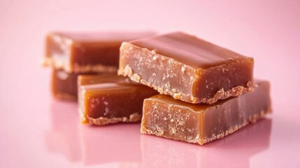 Caramel bars stacked on a soft pastel background showcasing glossy reflections and a delightful texture.