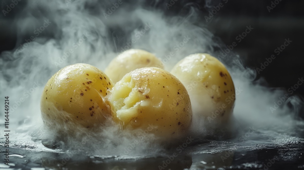 Aufkleber Steaming boiled potatoes with a soft texture and natural speckles against a dark background creating a cozy and appetizing culinary scene