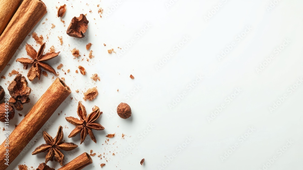 Poster cinnamon sticks and spices scattered on a clean white background creating a warm and inviting culina