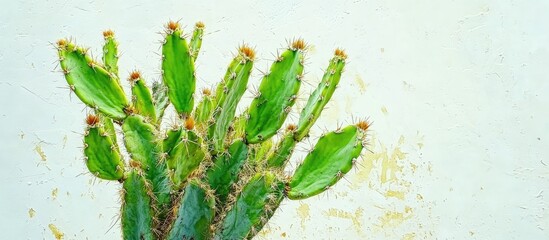 Cactus plant with vibrant green spikes against minimal white wall ideal for modern home decor and contemporary interior design