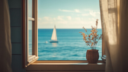 Fototapeta premium Sailing boats and ocean view from a coastal window with flowers in a vase