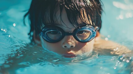 Naklejka premium Child wearing swim goggles underwater in a pool showcasing focus and determination while enjoying a refreshing summer activity