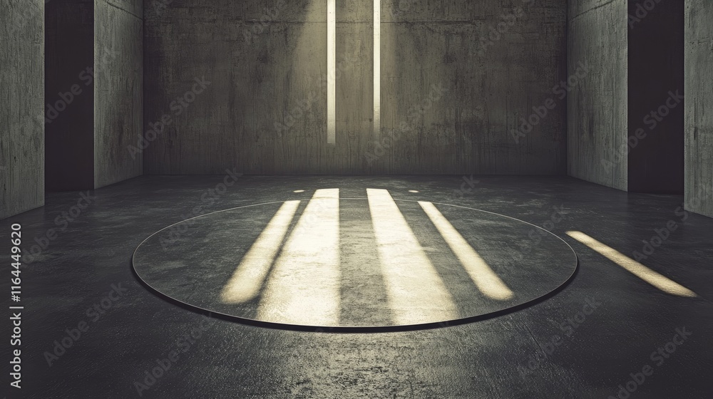 Poster abstract circular floor design in a minimalist industrial space with dramatic lighting and shadows c