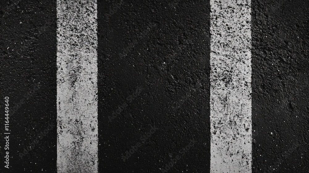 Poster textured black asphalt road surface with white painted stripes creating a distinctive geometric patt