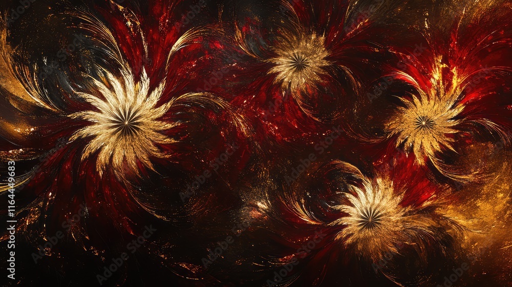 Poster golden and red abstract fireworks exploding in a swirling, dynamic pattern on a dark, festive backgr