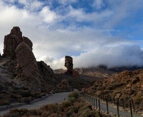 Cloudy Teide National Park, the Pico del Teide hidden behind the clouds.
