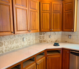 Interior kitchen backsplash title removed for installation of new stone